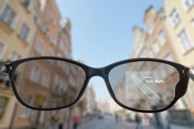 Walking through city with navigation app on smart glasses clipart