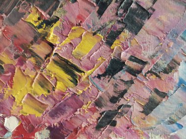 Soyut sanat geçmişi. Tuval üzerine yağlı boya boya. Çoklu kaotik palet bıçak darbeleri çok renkli parlak doku yaratır. Sanat eserinin bir parçası. Yağlı boya lekeleri. Fırça darbeleri. Modern sanat. Çağdaş sanat.