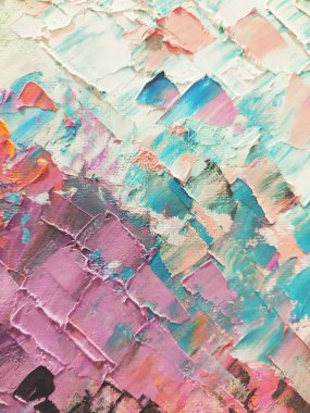 Soyut sanat geçmişi. Tuval üzerine yağlı boya boya. Çoklu kaotik palet bıçak darbeleri çok renkli parlak doku yaratır. Sanat eserinin bir parçası. Yağlı boya lekeleri. Fırça darbeleri. Modern sanat. Çağdaş sanat.