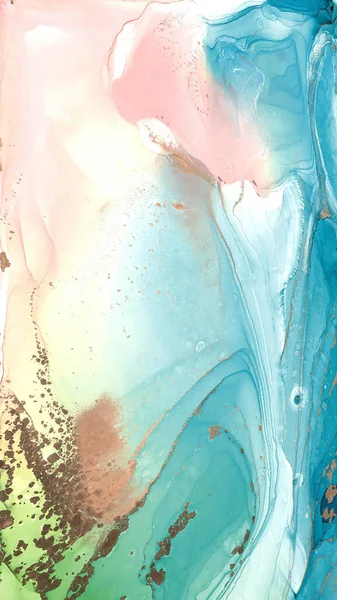 Luxury abstract fluid art painting in alcohol ink technique, mixture of blue and pink paints. Imitation of marble stone cut, glowing golden veins. Tender and dreamy design.