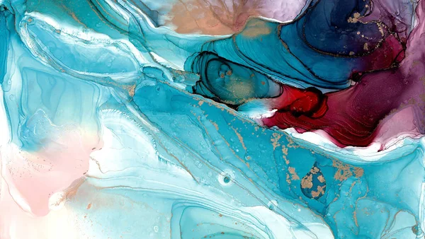 豪华抽象流体画在酒精油墨技术 蓝色和紫色混合涂料 大理石石刻的仿制 闪耀的金脉 温柔与梦幻的设计 — 图库照片