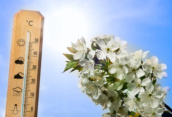 Hermoso día de primavera de calor en el termómetro —  Fotos de Stock