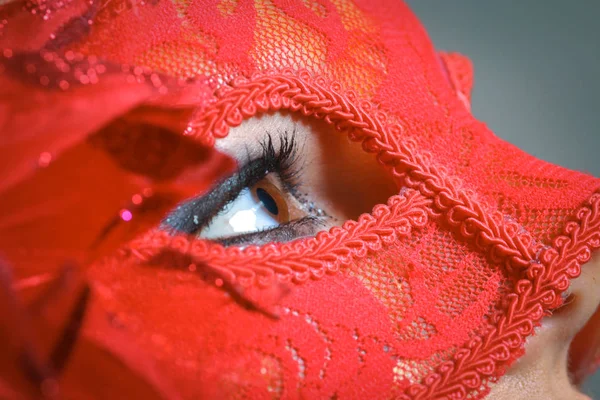 Belleza modelo mujer usando mascarada máscara de carnaval sobre Christm —  Fotos de Stock