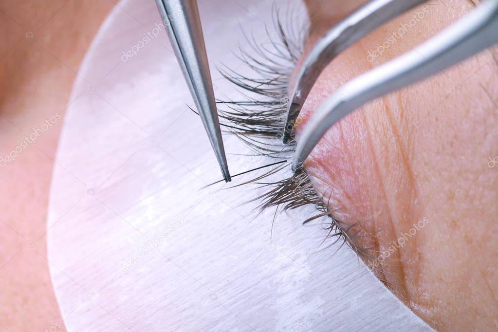 Eyelash extension procedure, woman eye with Long eyelashes