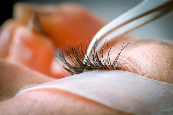 Procedimiento de extensión de pestañas, ojo de mujer con pestañas largas — Foto de Stock