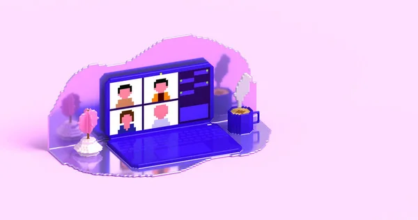 同僚はノートパソコンの画面でお互いに話をします 会議ビデオ通話 自宅からの作業 3Dレンダリングイラスト ピンクの最小限の背景 — ストック写真