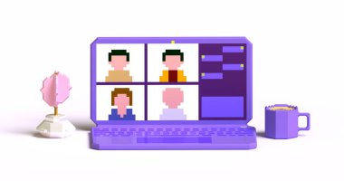 Meslektaşlar birbirleriyle bilgisayar ekranında konuşurlar. Konferans video çağrısı, evden çalışıyor, 3D resimleme.
