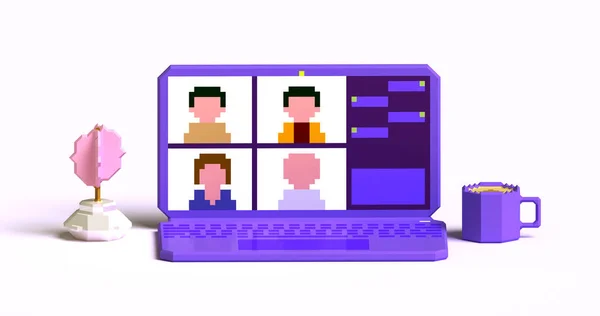 Meslektaşlar birbirleriyle bilgisayar ekranında konuşurlar. Konferans video çağrısı, evden çalışıyor, 3D resimleme.