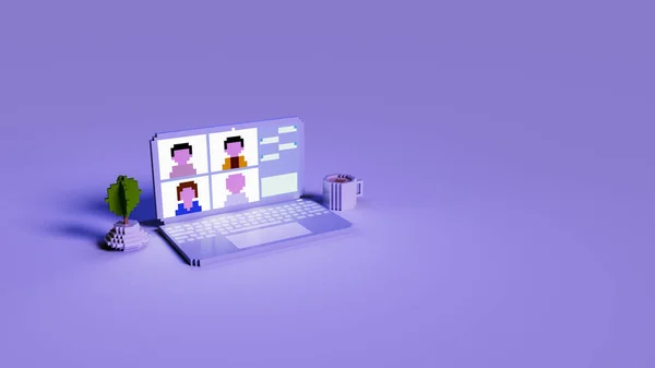Laptop ekranında birbirinizle konuşun. Konferans video çağrısı, evden çalışıyor, 3D resimleme.
