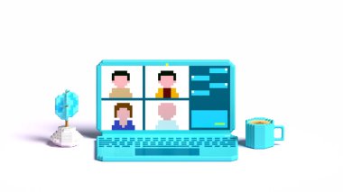 Meslektaşlar birbirleriyle bilgisayar ekranında konuşurlar. Konferans video çağrısı, evden çalışıyor, 3D resimleme.