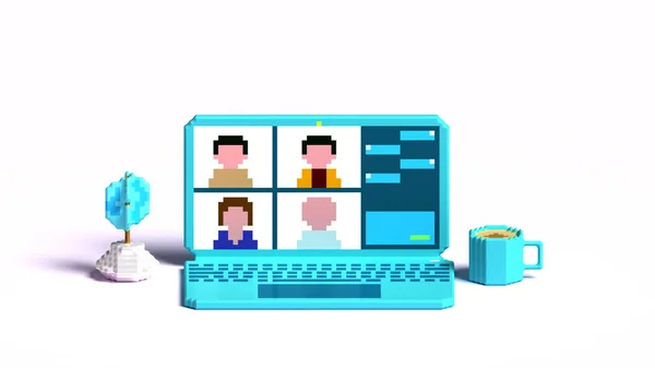 Meslektaşlar birbirleriyle bilgisayar ekranında konuşurlar. Konferans video çağrısı, evden çalışıyor, 3D resimleme.