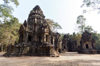 Güneşli bir günde Angkor tapınak ve ağaçlarının manzarası