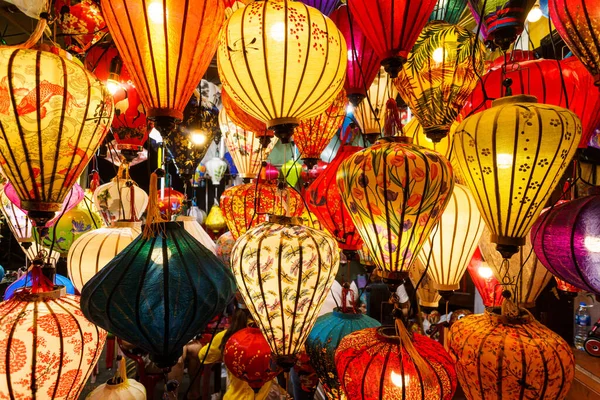Colored Chinese lamps hanging from the ceiling