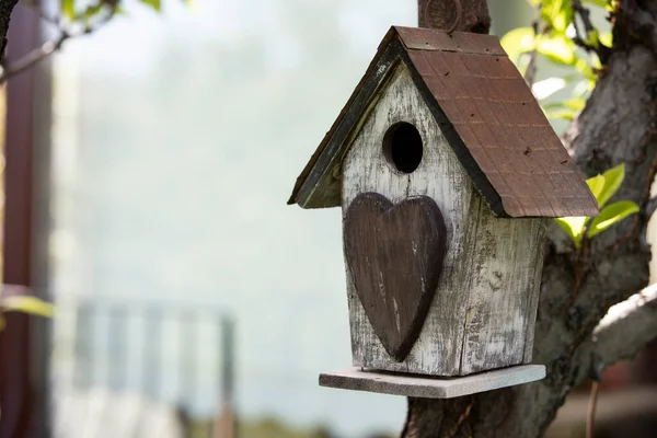 Foto Von Alten Hölzernen Vogelnest Mit Einem Herz Symbol Darauf — Stockfoto