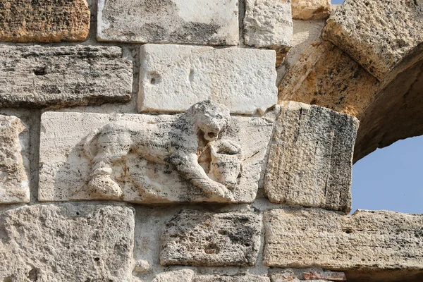 トルコのヒエラポリスの古代都市の門の上のライオン像 — ストック写真