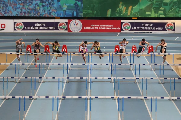 Istanbul Turkey February 2020 Athletes Running Metres Hurdles Turkish Indoor — Zdjęcie stockowe