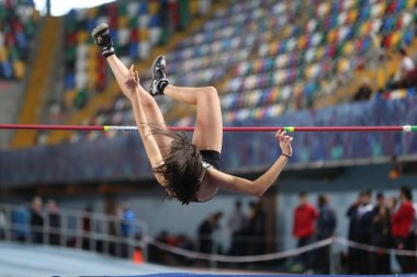 ISTANBUL, TURKEY - FEBRUARY 02, 2020: Undefined athlete high jumping during Turkish Indoor Athletics Championships