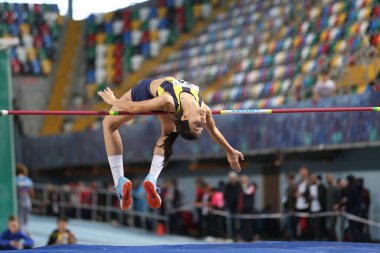 ISTANBUL, TURKEY - FEBRUARY 02, 2020: Undefined athlete high jumping during Turkish Indoor Athletics Championships