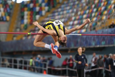 ISTANBUL, TURKEY - FEBRUARY 02, 2020: Undefined athlete high jumping during Turkish Indoor Athletics Championships