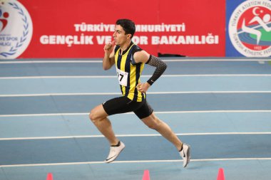 ISTANBUL, TURKEY - FEBRUARY 02, 2020: Undefined athlete running during Turkish Indoor Athletics Championships