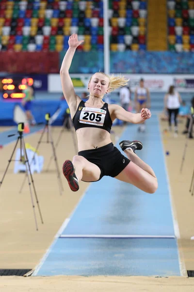 Istanbul Turquia Fevereiro 2020 Atleta Indefinido Salto Distância Durante Campeonato — Fotografia de Stock