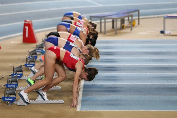 Istanbul Turkey February 2020 Athletes Running Metres Hurdles Balkan Athletics — Stock Photo, Image