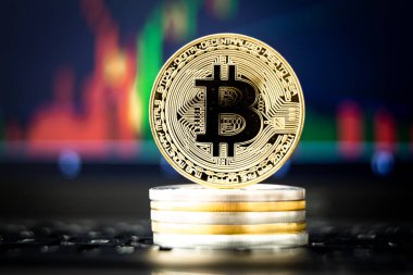 Şifreli para birimi olan dizüstü bilgisayar Bitcoin ve grafiği ekranda