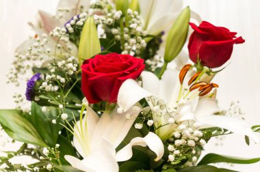 Beyaz arka planda bir buket çiçek.