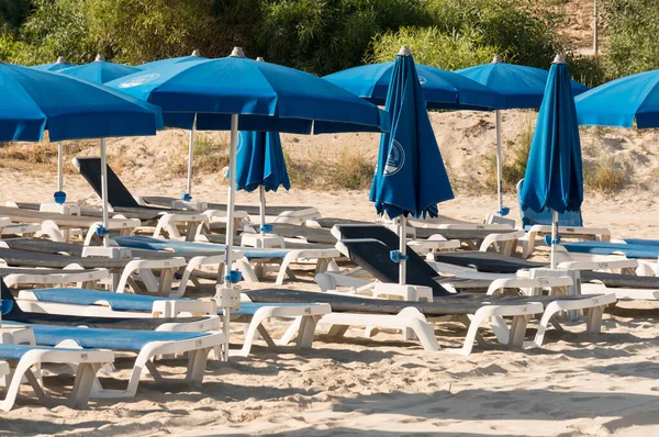Ayia Napa, Kıbrıs - 08.08.2008: bir yaz sabahı halk plajında mavi şemsiyeler ve şezlonglar. Denizde sakin bir tatil..