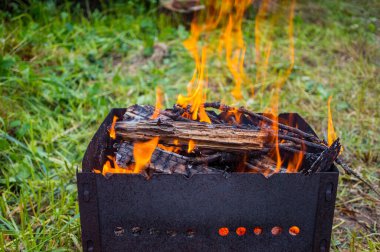 Yeşil çimenlerin arka planında paslı bir barbeküde yakacak odun yakmak. Pikniğe hazırlanıyorum. Boşluğu kopyala.