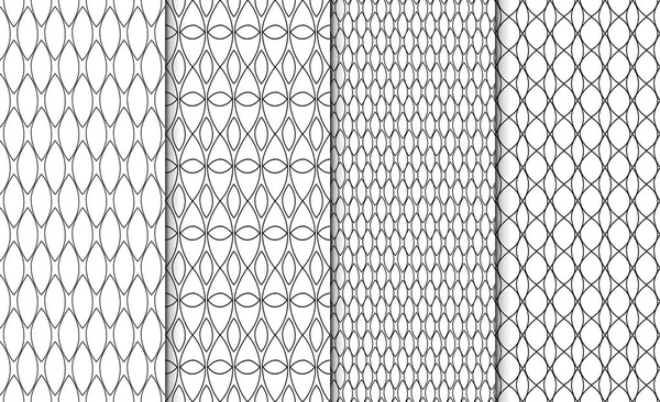 Sammlung einfacher linearer, geometrischer Schwarz-Weiß-Muster. Satz von 4 Hintergründen. nahtlos wiederholende Textur im Retro-Stil. — Stockvektor
