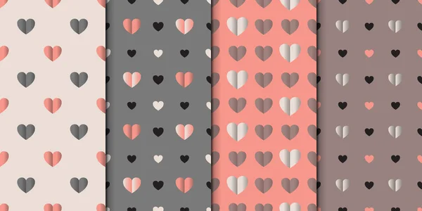 Set van 4 elegante naadloze patronen met harten, ontwerpelementen. Romantische patronen voor huwelijksuitnodigingen, wenskaarten, afdrukken, gift wrap. Verzameling van reguliere oppervlaktepatroon met gekleurd hart. — Stockvector