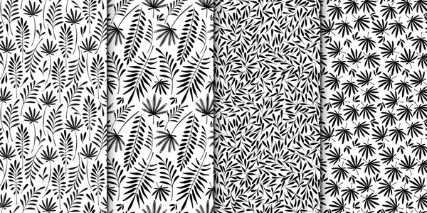 Colección de patrones florales. Deja textura. Elegante abstracto vector planta ornamental fondo negro y blanco conjunto . — Vector de stock