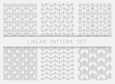 Doğrusal siyah beyaz geometrik desen dokular topluluğu. 6 arka planlar kümesi. Sorunsuz tek renkli doku küme yinelenen.