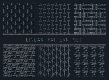 Doğrusal siyah beyaz geometrik desen dokular topluluğu. 6 arka planlar kümesi. Sorunsuz tek renkli doku küme yinelenen.