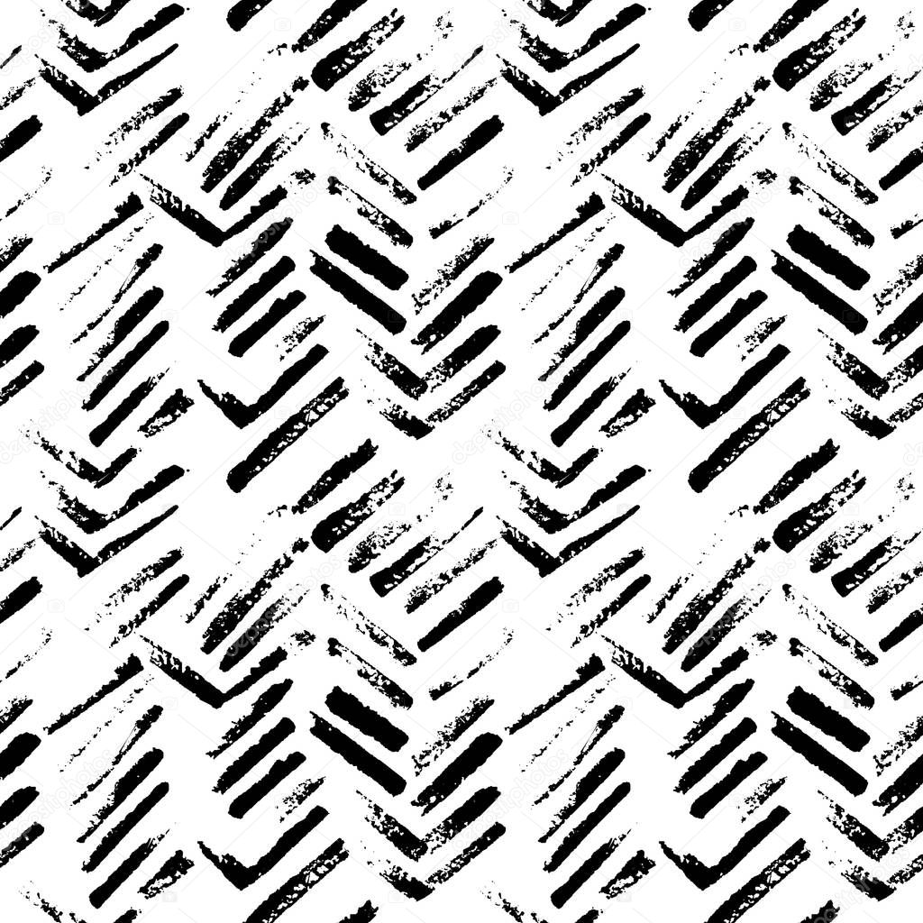 Abstract geometric seamless hand drawn pattern. Modern grunge texture. Monochrome brush painted background.