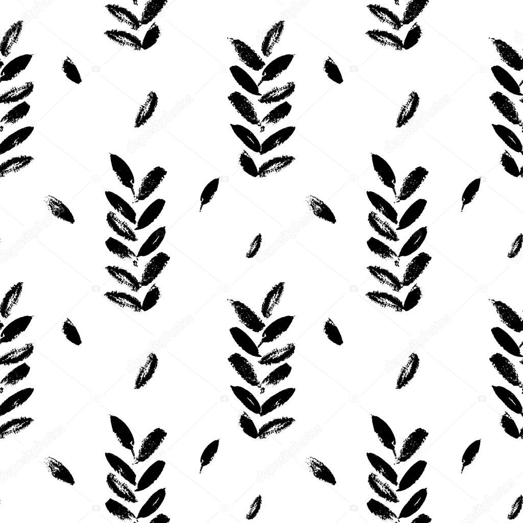 Abstract seamless hand drawn pattern. Modern grunge texture with botanical motif. Monochrome brush painted background.