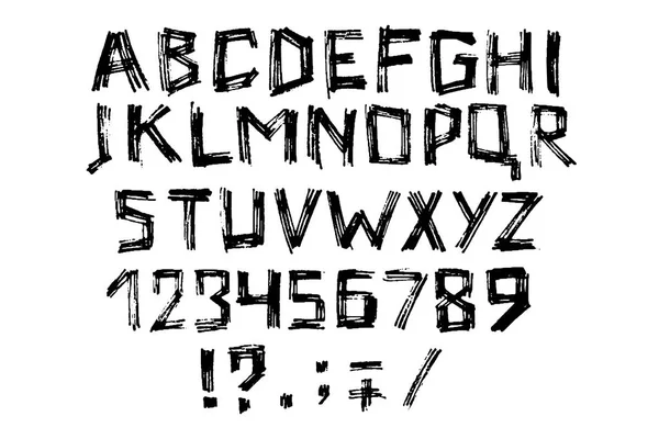 Hand getekende markeerstift lettertype. Moderne belettering. Grunge stijl alfabet en cijfers. Vectorillustratie — Stockvector