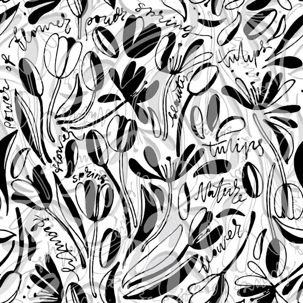 Vintage bloemen hand getekende naadloze patroon. Hand getekend abstracte decoratieve bloemen. Folk schilderstijl. Zomer bloeiende sieraad. Monochrome achtergrond. Herhaalbare achtergrond. — Stockvector