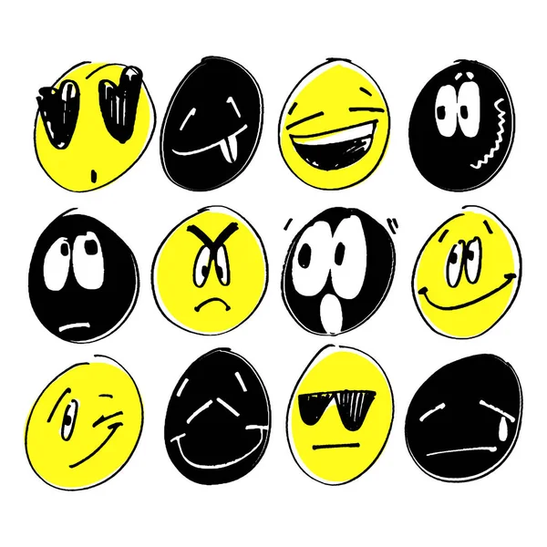 Collezione di emoticon di disegno a mano libera. Le emozioni stilizzate. Set di segni di sensibilità disegnati a mano . — Vettoriale Stock