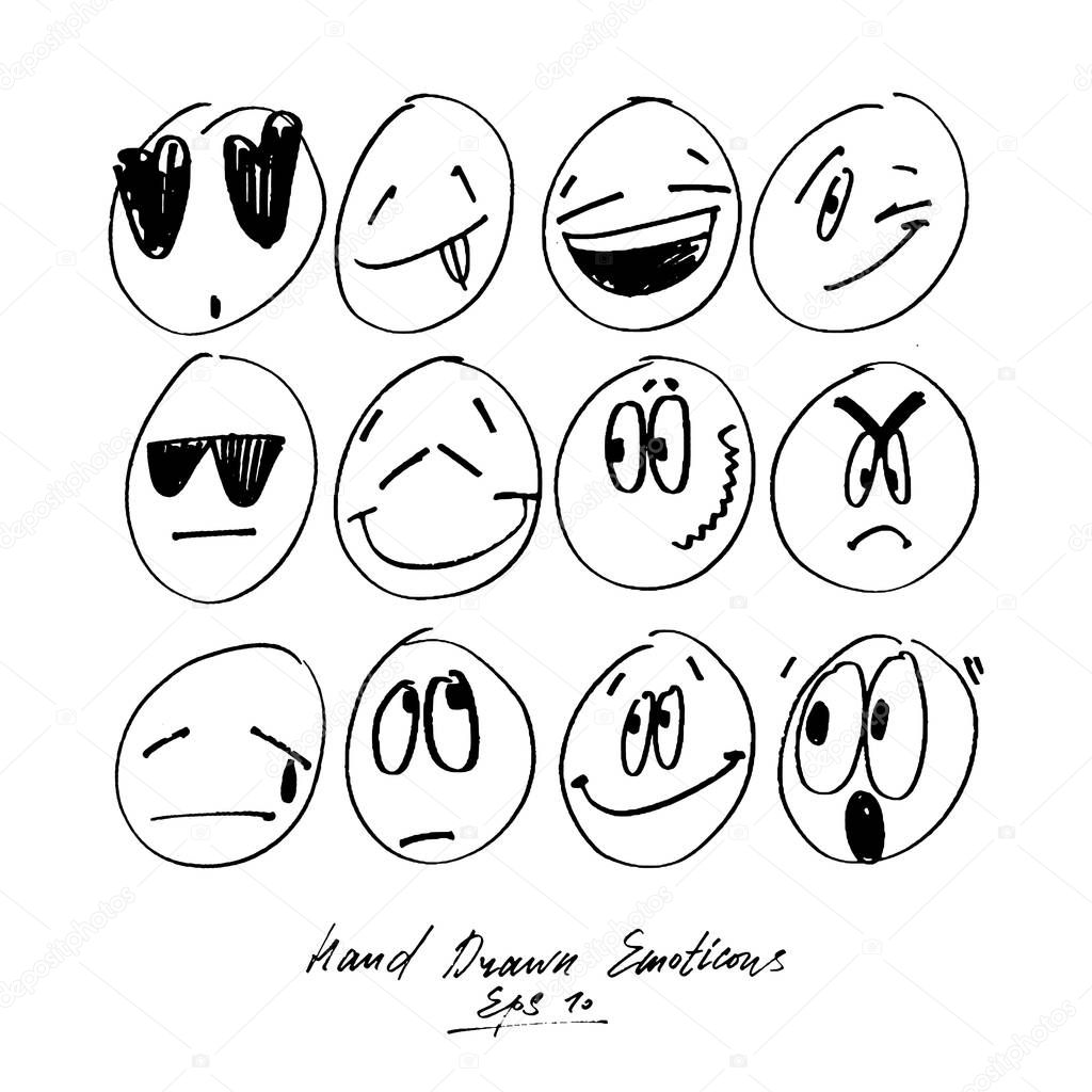 Collection of freehand drawing emoticons. Stylised emotions. Set of hand drawn feeling signs.