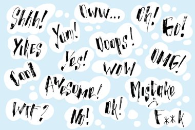 Handwritten exclamation and words inside hand drawn callout clouds. Lettering. Vector illustration with drawn words. clipart
