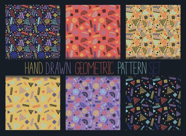 Vektör Dikişsiz desen set. Soyut geometrik şekiller ve çizgiler ile arka planlar. 80s 90s memphis tarzı tasarım koleksiyonu. Duvar kağıdı, kumaş tasarım, kumaş, kağıt, kapak, tekstil.