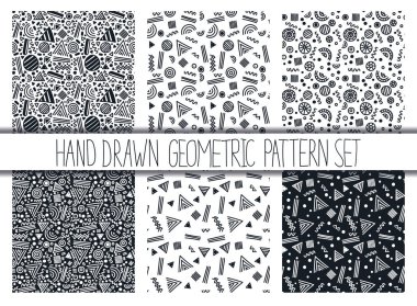 Vektör Dikişsiz desen set. Soyut geometrik şekiller ve çizgiler ile arka planlar. 80s 90s memphis tarzı tasarım koleksiyonu. Duvar kağıdı, kumaş tasarım, kumaş, kağıt, kapak, tekstil.