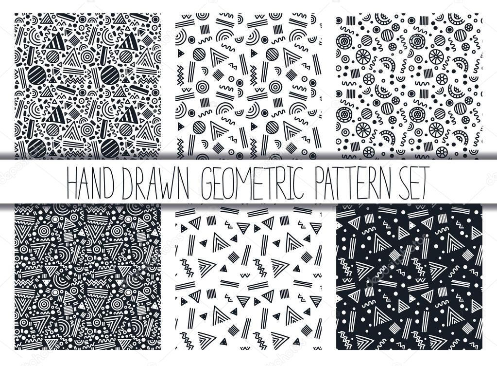 Vector seamless pattern set. Abstract geometric backgrounds with shapes and lines. 80s-90s memphis style design collection. Wallpaper, cloth design, fabric, paper, cover, textile.