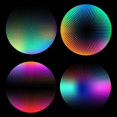 Geometrik noktalı resim daire holografik gradyanlar ile ayarlayın. Minimal tasarım arka planlar. Holografik şekiller. Vektör çizim