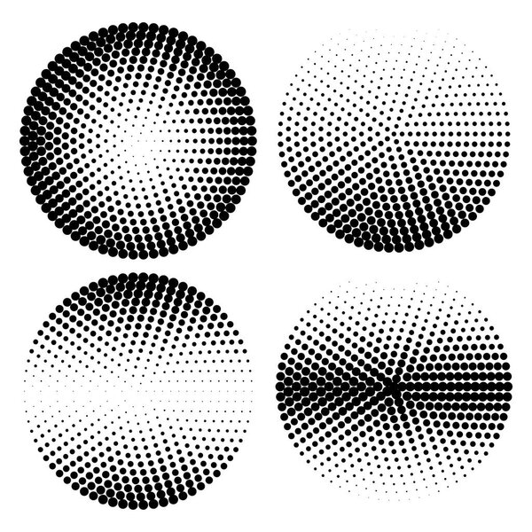 Set of halftone dots vector circle shapes. Abstract dotted stippling shapes. Monochrome halftone gradient circle set.