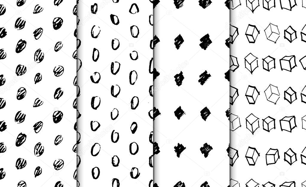Abstract geometric seamless hand drawn pattern set. Modern free hand textures. Monochrome geometric doodle backgrounds.