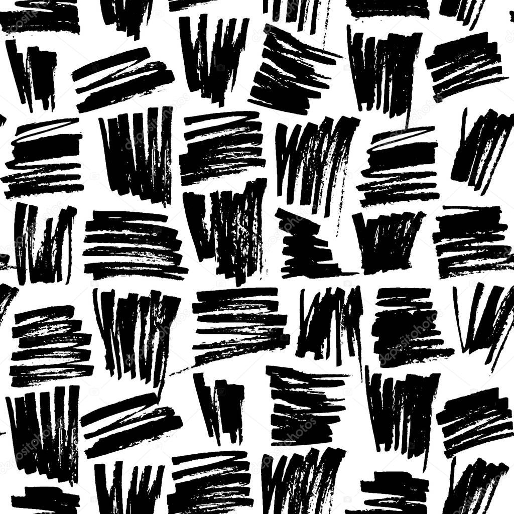 Abstract geometric seamless hand drawn pattern. Modern grunge texture. Monochrome marker painted background.