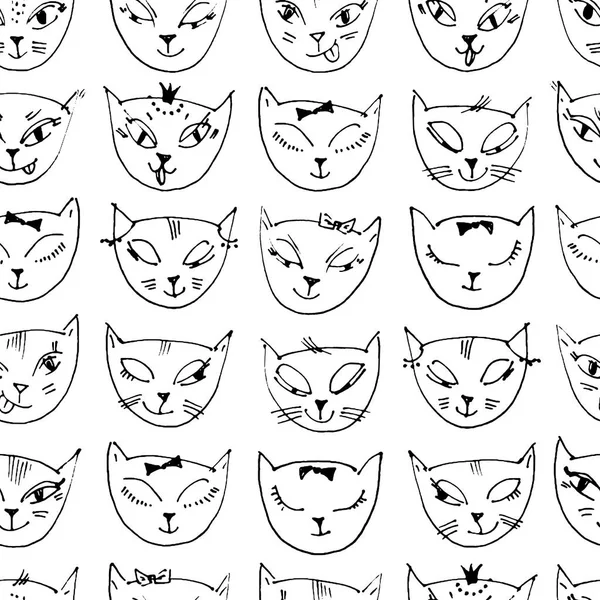 Vzorek s ručně kreslené kočky hlav. Útržkovité pozadí. Bezproblémové ručně kreslenými tenkou podšívkou pozadím. — Stockový vektor